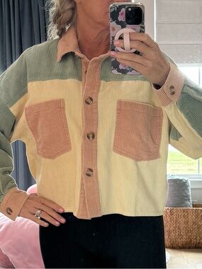 BiBi Colorblock Corduroy Button-Up Shirt Jacket - Pastel Multi